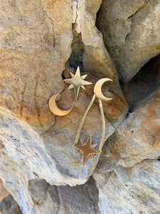 Pair of long & short Moon and Stars asymmetrical Earrings